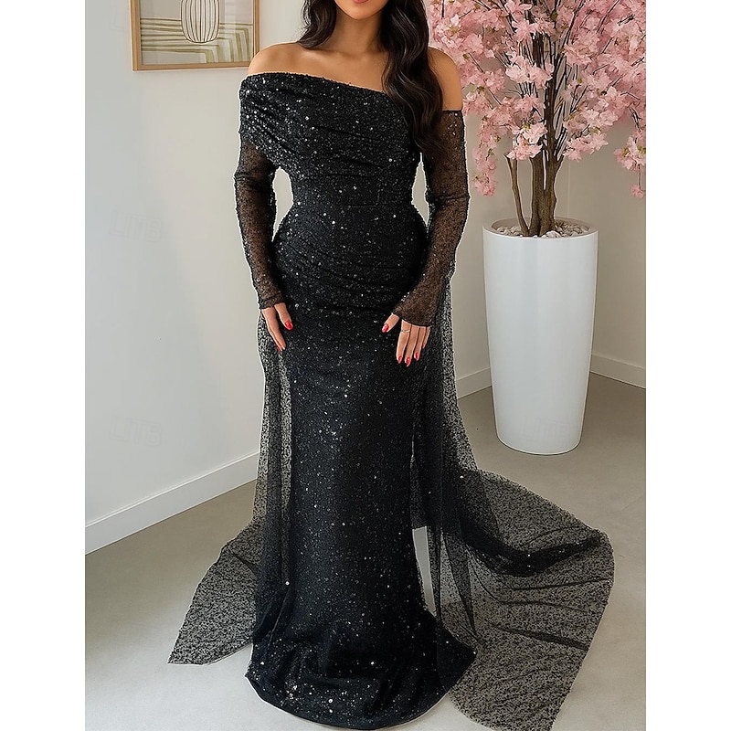 Burgundy Black Tie Sequin A-Line Mermaid / Trumpet Evening Gown with Detachale Overskirt Elegant Formal Dress Formal Wedding Sweep / Brush Train Long Sleeve One Shoulder Sequined with Pleats 20254