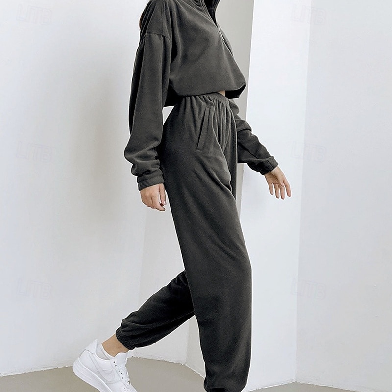 Women's Fashion Streetwear Pants Sets Bolero Top Sweatshirt Long Sleeve Stand Collar Solid Color Zipper Outdoor Work Casual Gray Spring Regular Fit3