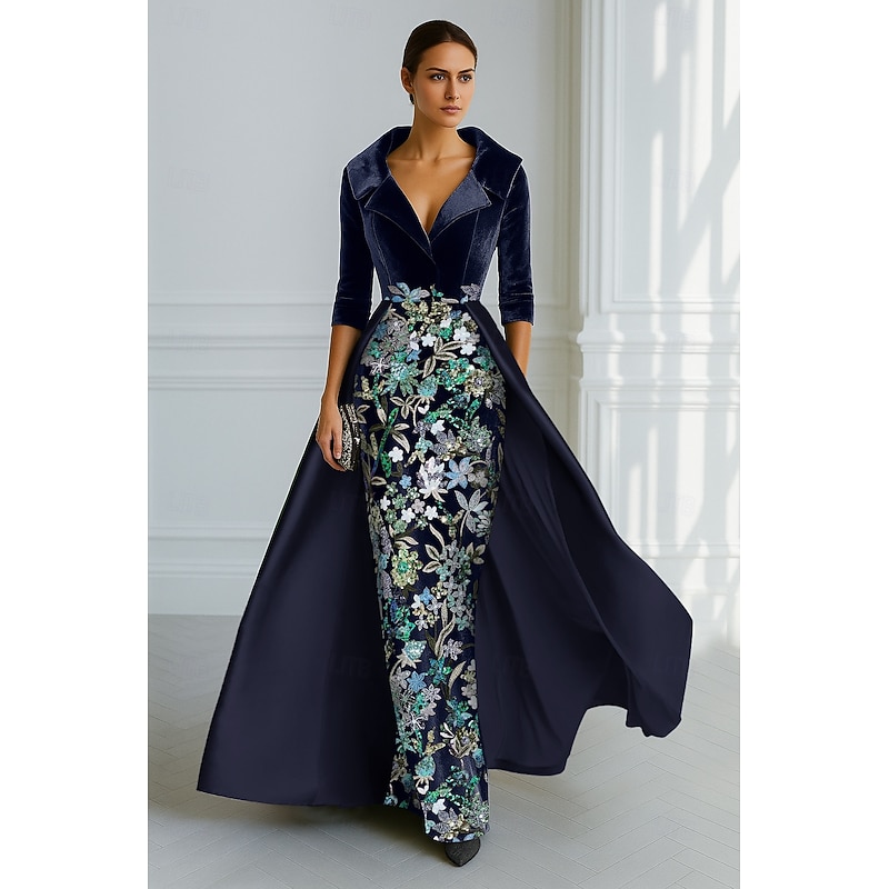 Blue Green Black Embroidered A-Line Velvet Evening Gown Elegant Dress Formal Wedding Floor Length Half Sleeve Shirt Collar Satin with Slit Appliques 2025