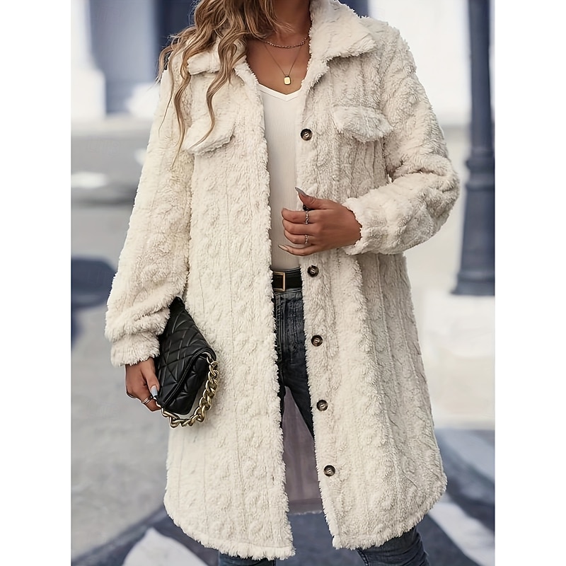 Women's Winter Coat Sherpa Jacket Comfortable Breathable Buttons Casual Plain Vacation Street Casual Daily Wear Single Breasted Long Turndown Regular Fit Long Sleeve Outerwear White Spring Fall