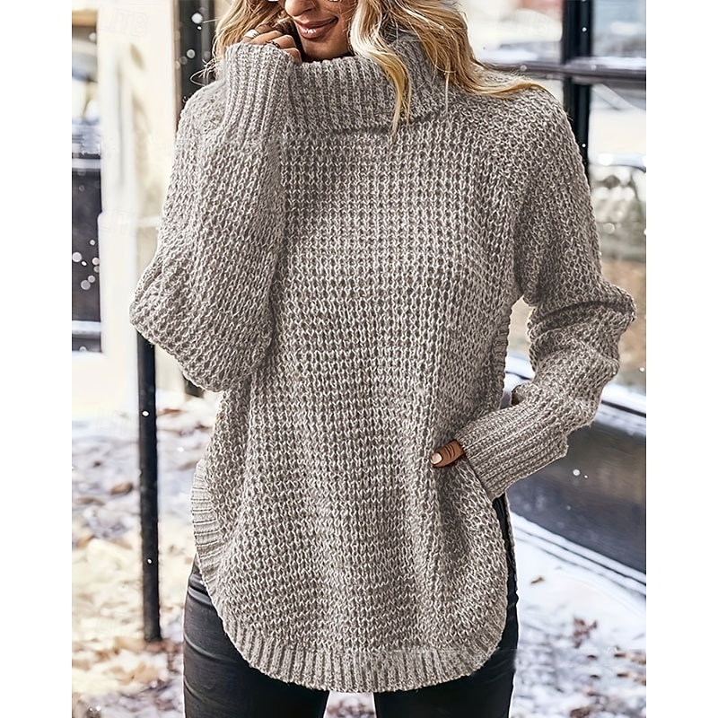 Women's Sweater Pullover Streetwear Casual Solid Color Turtleneck Knitted Long Sleeve Regular Tops Knit Daily Holiday Weekend Khaki Fall Winter