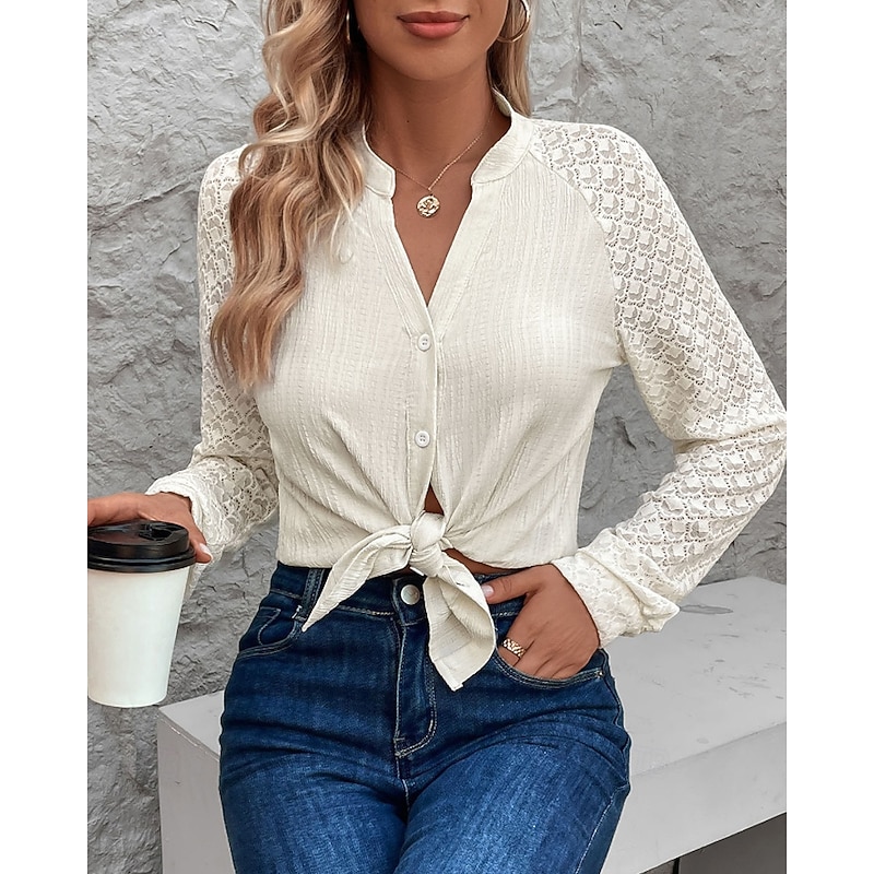 Women's Shirt Lace Shirt Blouse Plain Modern Long Sleeve V Neck Regular Tops Daily Holiday Going out Lace Patchwork Apricot Fall