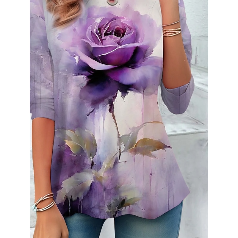 Women's T Shirt Ombre Floral Graphic Vintage Stylish Classic Long Sleeve Crew Neck Round Neck Regular Tops Daily Print Purple Spring Fall Winter3