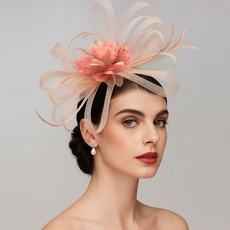 Elegant Fascinator Hats Net Mesh Tulle Headpiece Clip Headband with Feather Flower Floral  Kentucky Wedding Tea Party Horse Race Church Cocktail Vintage for Women dress Race Day Dress
