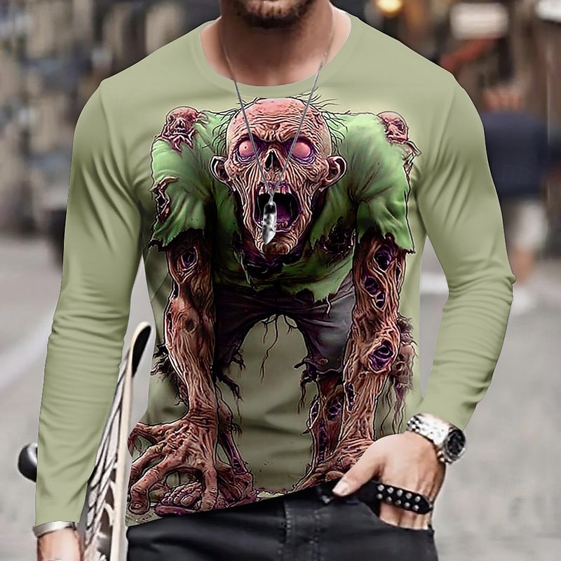 Halloween Men's Optical Illusion Zombies 3D T Shirt Long Sleeve T shirt 3D Print Crew Neck Shirt Fashion Exaggerated Street Casual Daily Light Blue Light Green Green Summer Spring Fall Clothing3