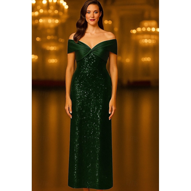 Black Tie Sequin Sheath / Column Evening Gown Elegant Dress Formal Wedding Floor Length Sleeveless Off Shoulder Stretch Satin with Bow(s) Ruched 2025