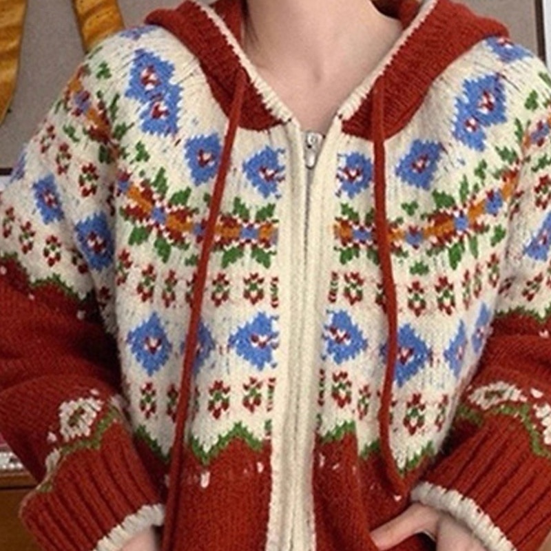 Women's Sweater Cardigan Fair Isle Sweater Fashion Casual Geometric Snowflakes Ribbed Hooded Zipper Knitted Print Long Sleeve Regular Tops Knit Christmas Outdoor Daily Red Fall Winter2
