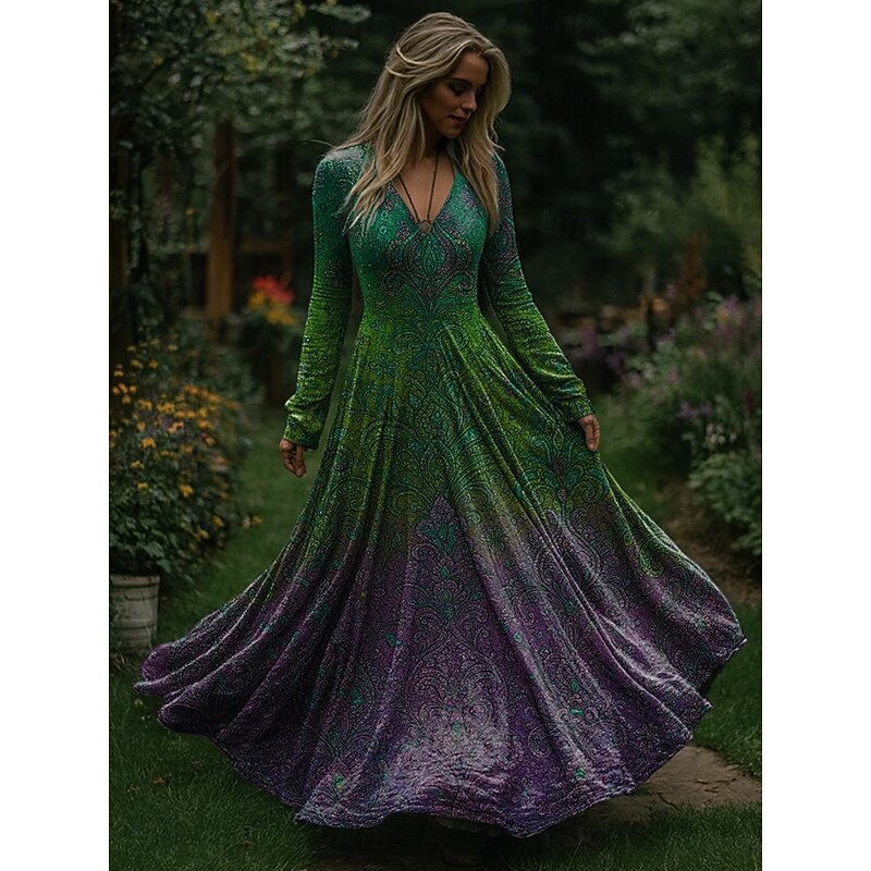 Christmas Women's Maxi Dress Pleated Dress Party Casual Boho Daily Date Going out Regular Fit Ombre Christmas Tree Long Sleeve V Neck Red Blue Purple Green Spring Fall Winter