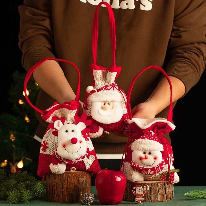 3pcs Christmas Gift Doll Bags – Holiday Knit Gift Bags Featuring Santa, Snowman, Reindeer & Bear, Perfect for Christmas Presents & Festive Gift Giving2