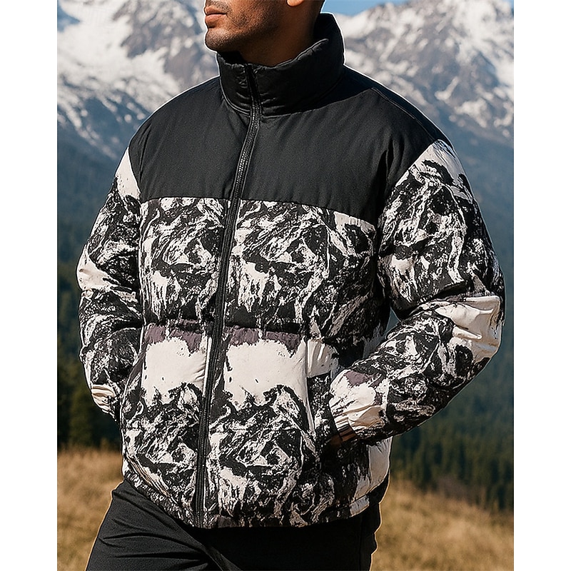 Men's Outdoor Jacket Hiking Jacket Puffer Jacket Outdoor Windproof Warm Hiking Outfits Hiking Clothes Winter Autumn / Fall Jacket Hunting Climbing Camping / Hiking / Caving Printing White Green Grey3