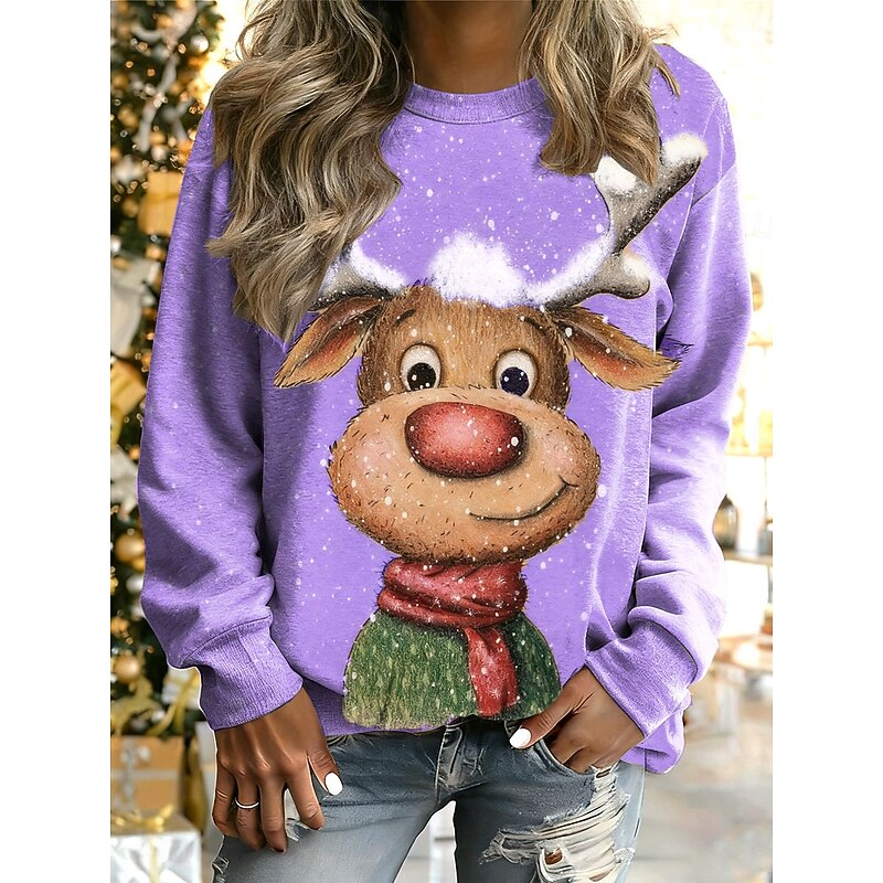 Women's Pullover Graphic Reindeer Warm Classic Casual Long Sleeve Crew Neck Regular Tops Home Street Dailywear Print Yellow Pink Blue Purple Green Fall Winter4