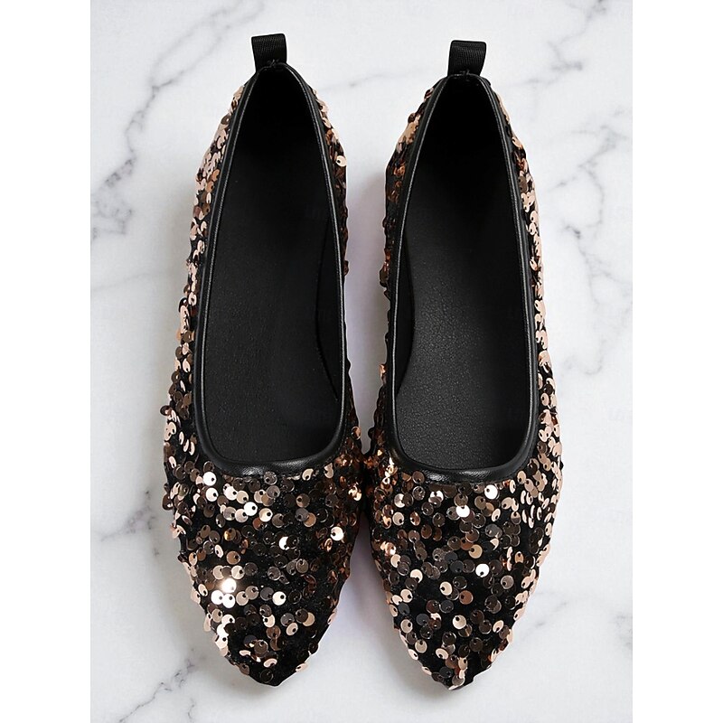 Women's Black Sequin Pointed Toe Ballet Flats - Sparkly Nightlife Party and Clubwear Shoes2