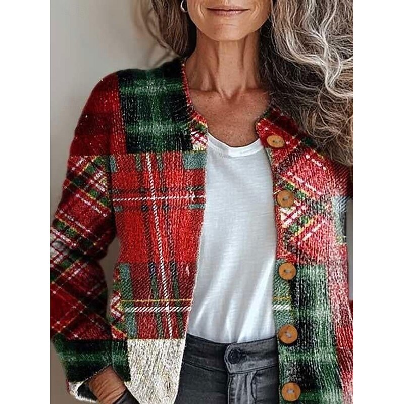 Women's Cardigan Fashion Daily Casual Graphic Plaid Ribbed Crew Neck V Neck Buttons Print Long Sleeve Regular Tops Knit Outdoor Daily Date Red Fall Winter2