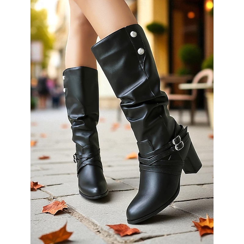 Women's Black Mid-Calf Slouchy Boots with Buckle Straps, Stylish and Versatile for Casual, Fall & Winter Wear.2