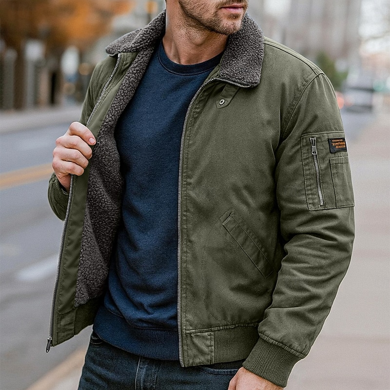 Men Outdoor Jacket Bomber Jacket Padded Sherpa Training Outdoor Thermal Warm Windbreaker Fleece Collar Winter Solid Color Casual Collar Regular Black Khaki Army Green Jacket2