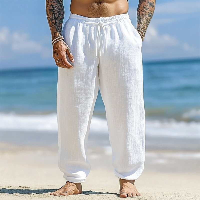 Men's Linen Pants Trousers Summer Pants Beach Pants Drawstring Pocket Elastic Waist Plain Comfort Breathable Vacation Daily Holiday Hawaiian Boho White