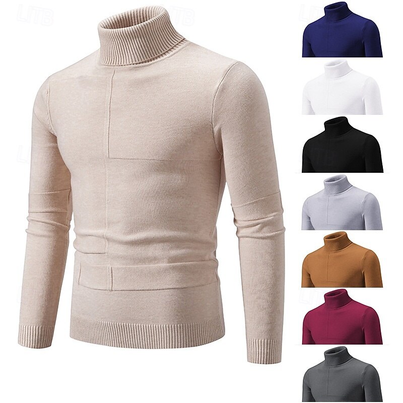 Men's Sweater Pullover Sweater Jumper Ribbed Knit Regular Tops Patchwork Knitted Plain Turtleneck Knitwear Contemporary Casual Daily Wear Clothing Apparel Fall Black White L XL 2XL