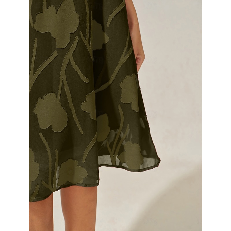 Women's Knee Length Dress Chiffon Dress Elegant Casual Loose Fit Floral Short Sleeve Crew Neck Olive Summer4