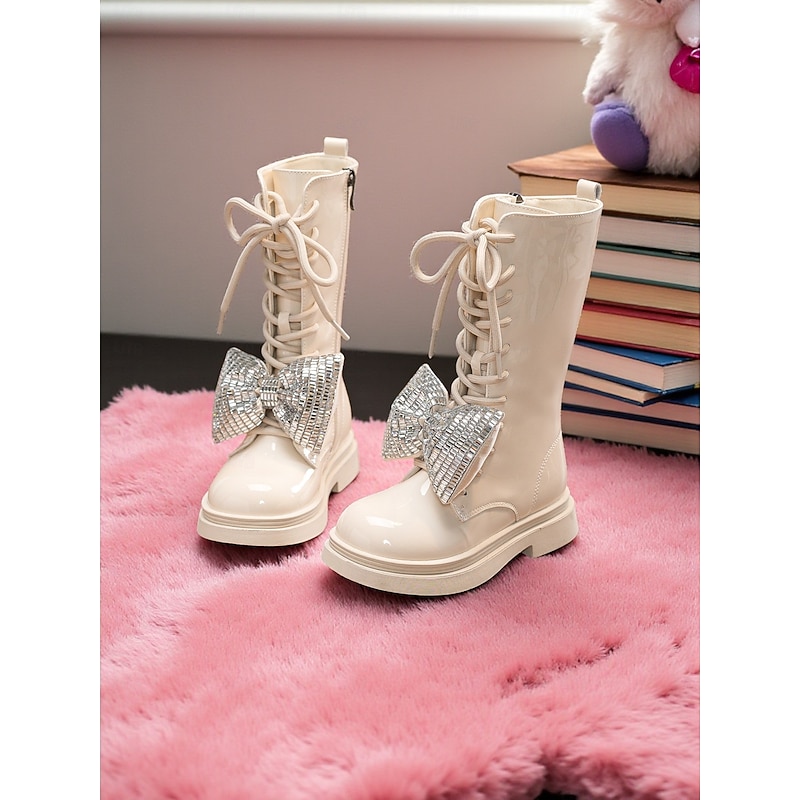 Girl's Black Patent Leather Lace Up Boots with Sparkly Silver Bow -Stylish Fashion Shoes for Kids Party and Holiday Outfits4