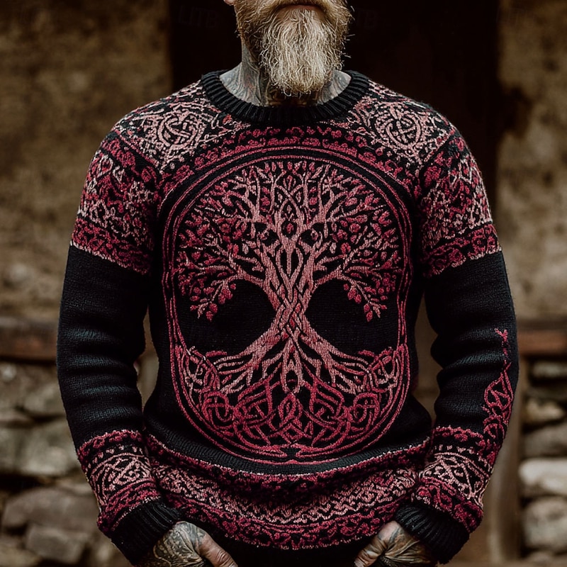 Men's Viking Tree Of Life Pullover Sweater Jumper Knitwear Crewneck Retro Vintage Casual Vacation Daily 3D Print Knitting Keep Warm Long Sleeve Spring Fall Winter Red Blue Brown4