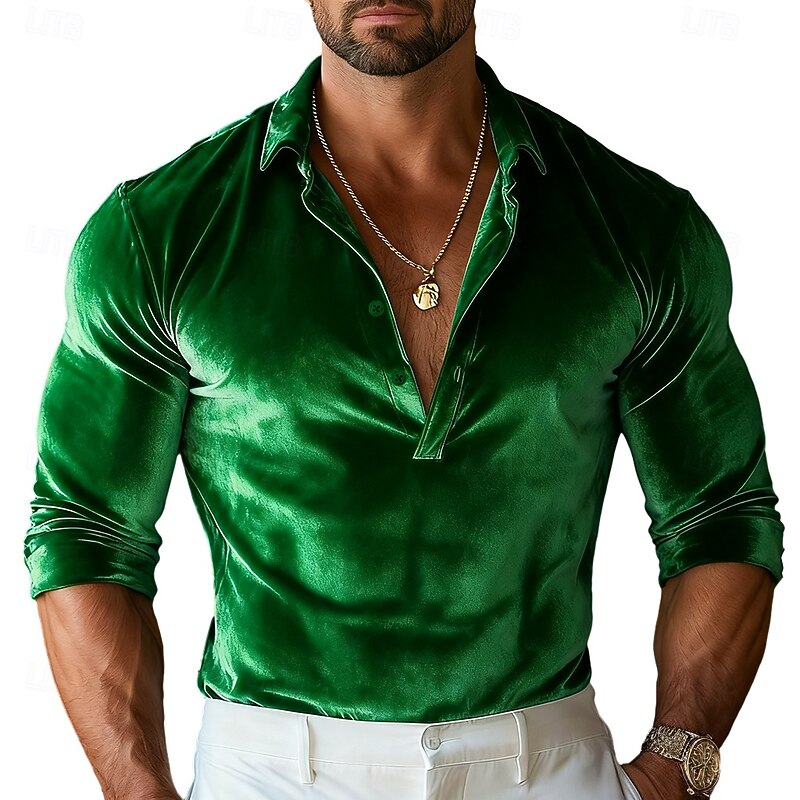 Men's Shirt Pink Wine Blue Green Long Sleeve Solid Color Plain Shirt Collar Carnival Christmas Buttons Clothing Apparel Christmas Elegant Warm Active2