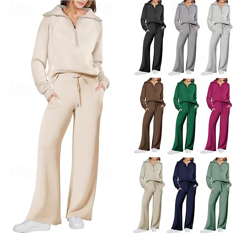Women's Pullover Sweatsuit Sets 2 Piece Tracksuit Lounge Outfits  with Pocket Solid Colored Clothing Suit Fall / Winter Light Coffee Black Gym Running Fitness Long Sleeve Sport Activewear - Main Image