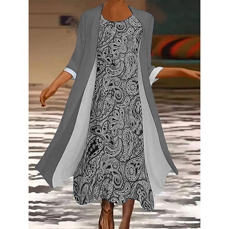 Women's Dress Set Maxi Dress A Line Dress Casual Graphic Tribal Print Midi Dress 3/4 Length Sleeve Crew Neck Daily Blue Purple Green Summer Spring Regular Fit4