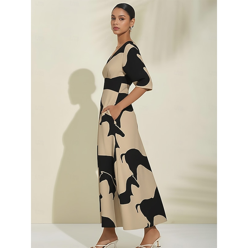 Women's Maxi Dress Satin Abstract Geometric Color Block V Neck Dolman Sleeve Waist Tie Elegant Spring Summer Fall3