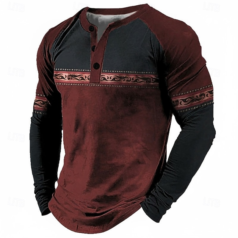 Men's Graphic Color Block Bohemian Henley Shirt Tee Long Sleeve 3D Print Fashion Designer Comfortable Outdoor Casual Daily Spring &  Fall Blue Red Brown Green Henley Henley T-Shirt3