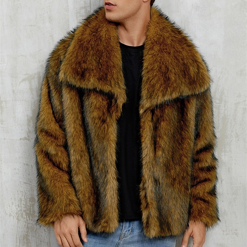 Men's Casual Jacket Faux Fur Coat Vacation Daily Thermal Warm Plush Fall Winter Plain Fashion Streetwear Lapel Regular White Yellow Camel Grey Jacket3