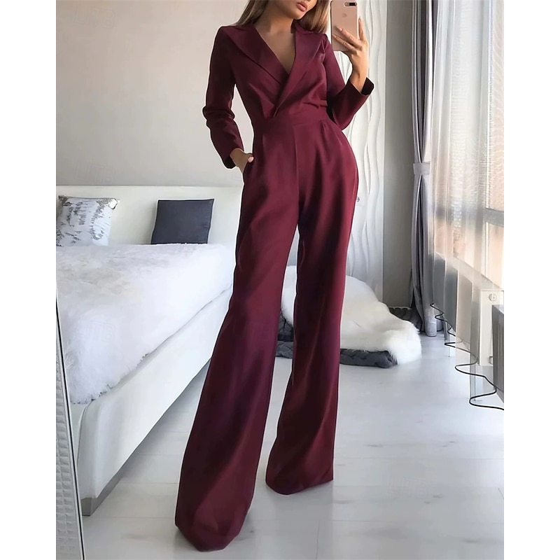 Women's Normal Jumpsuit Streetwear Solid Color Long Sleeve V Neck Pocket Street Daily Regular Fit Black White Wine Summer