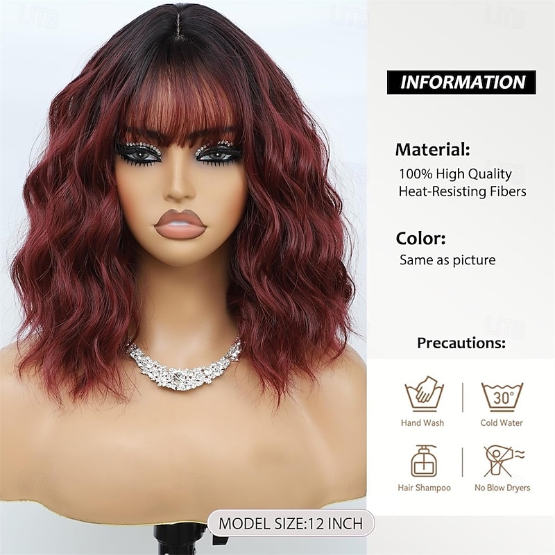 Synthetic Bob Wig with Bangs for Women Burgundy Synthetic Heat Resistant Loose Curly Wavy Wig Short Wine Red Glueless Bob Wig Everyday Hairstyle2