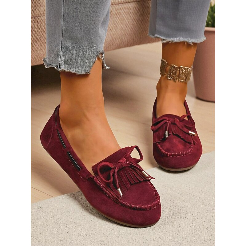 Women's Army Green Faux Suede Moccasin Loafers with Tassel and Fringe – Casual Driving Flats for Daily Wear and Walking