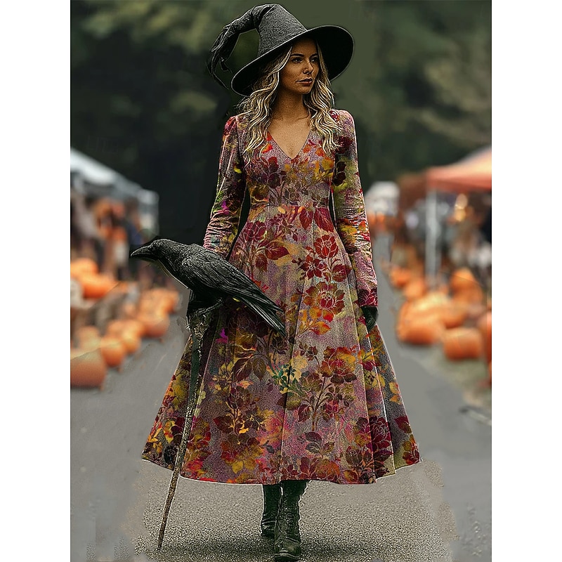 Halloween Women's Witch Print Maxi Dress A Line Dress Vacation Casual Boho Beach Regular Fit Floral Graphic Long Sleeve V Neck Red Blue Purple Orange Spring Fall2