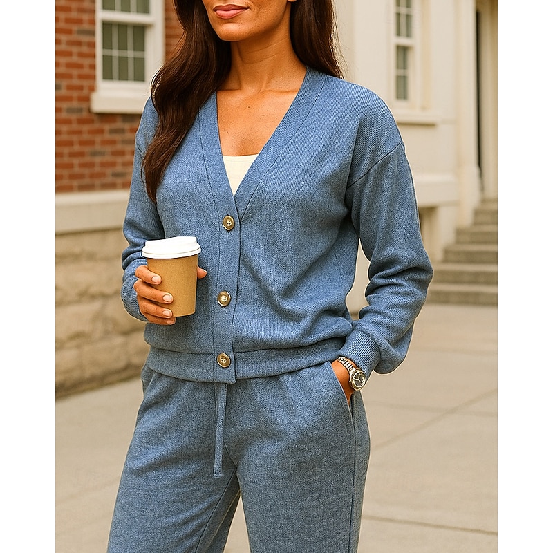 Women's Lounge Sweatsuit Sets Knitted Cardigan Set 2 Piece Tracksuit Button Solid Colored Clothing Suit Fall Black Blue Hiking Vocation Outdoor Long Sleeve Sport Activewear Micro-elastic Regular Fit3
