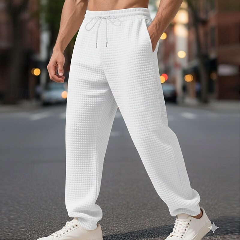 Men's Waffle Sweatpants Trousers Straight Leg Sweatpants Drawstring Front Pocket Plain Comfort Full Length Outdoor Work Daily Fashion Streetwear Black White Stretchy3