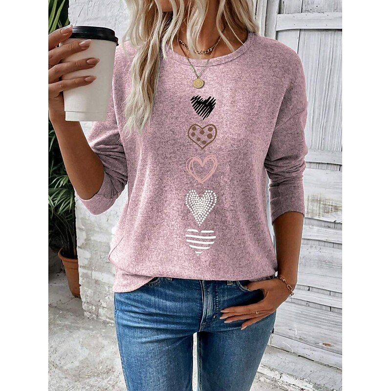 Women's T Shirt Heart Graphic Vintage Fashion Stylish Long Sleeve Crew Neck Round Neck Regular Tops Daily Weekend Print Black White Pink Blue Spring Fall Winter3