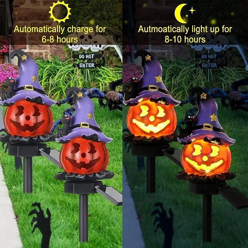 2 Pcs Halloween Solar Ground Lights Outdoor Resin Pumpkin Lantern Wizard Hat Ghost Light Outdoor Lawn Lights Waterproof for Yard Path Cemetery Garden Haunted House Party Decoration4