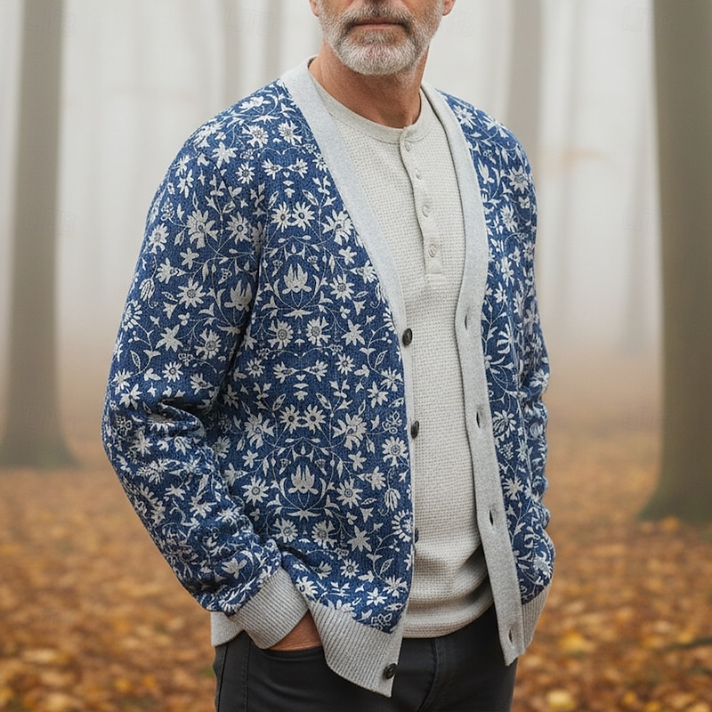 Christmas Men's Ditsy Floral Flower / Plants Sweater Cardigan Sweater V Neck Retro Vintage Casual Outdoor Home Party Buckle Long Sleeve Fall Winter Blue Ink Blue4