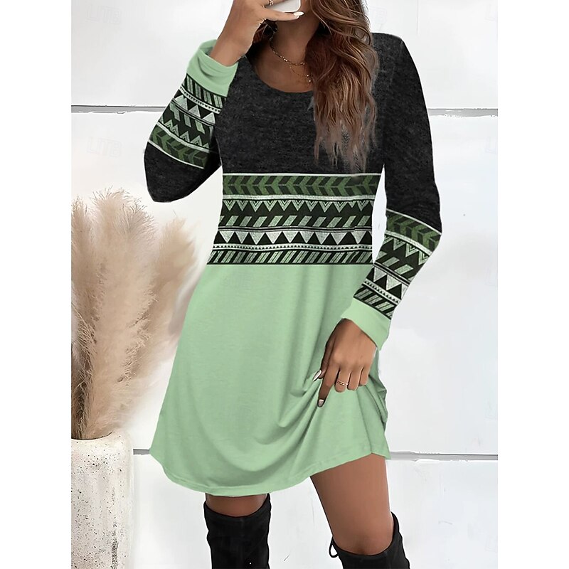 Women's Mini Dress T Shirt Dress Tee Dress Sundress A Line Dress Casual Daily Going out Regular Fit Graphic Geometric Long Sleeve Crew Neck Pink Red Green Fall Winter