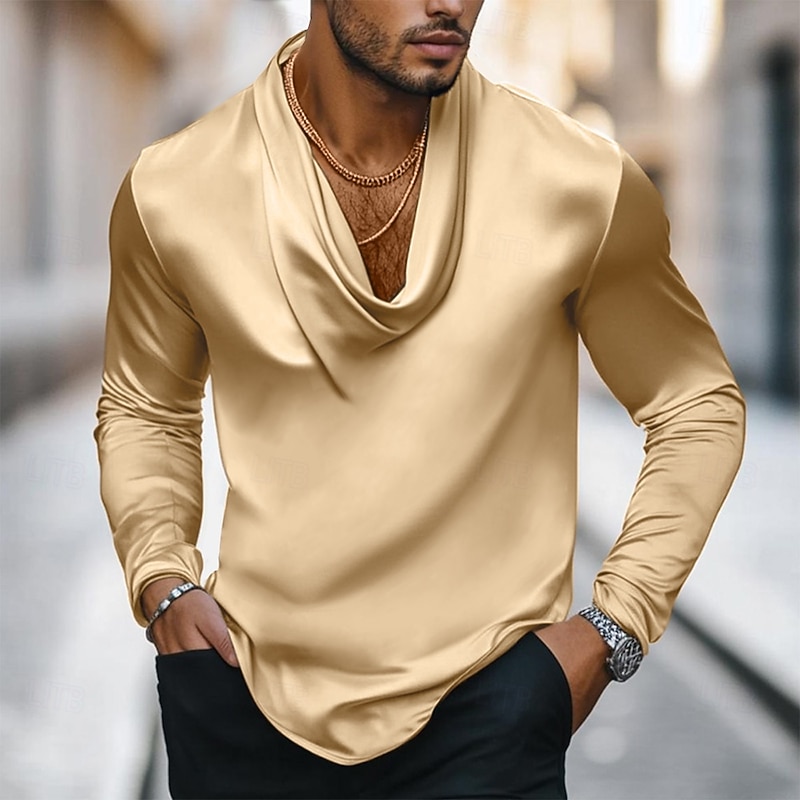 Men's Shirt Silk Like Satin Shirt Casual Shirt Plain Formal Wedding Black White Blue Purple Long Sleeve Cowl Neck Spring &  Fall All Seasons Clothing Apparel Ruched4