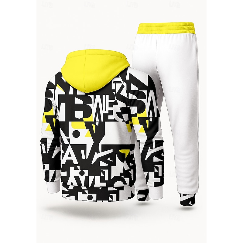 Men's Hoodie Tracksuit 2 Piece Tracksuit Drawstring Zip Up Geometric Clothing Suit Fall Yellow Vocation Outdoor Travel Lightweight Fashion Long Sleeve Sport Activewear Stretchy Regular Fit2