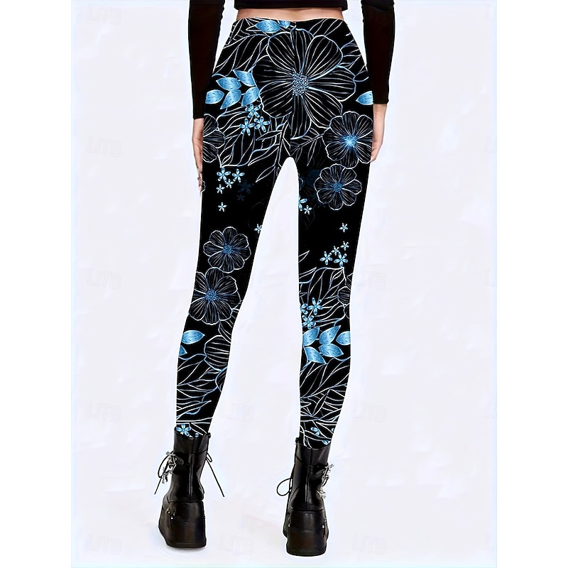 Women's Leggings Vacation Vintage Fashion Full Length High Waist Floral Graphic Printing Soft Breathable Stretchy Vacation Street Causal Blue Fall Winter Slim Fit3
