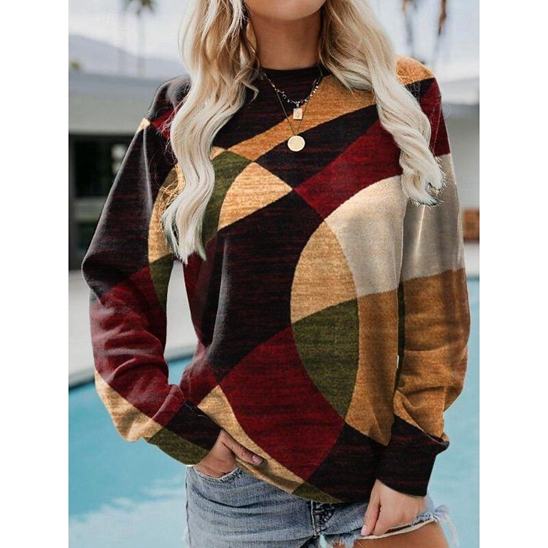 Women's Pullover Sweatshirt Graphic Geometric Color Block Fashion Casual Long Sleeve Crew Neck Regular Tops Street Dailywear Casual Print Black Red Khaki Gray Fall Winter3