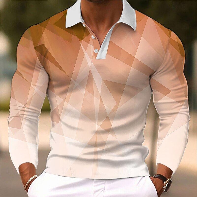 Men's Geometic Polo Long Sleeve Polo Shirts Collared Shirts Casual Athleisure Daily Wear 3D Print Buttons Spring Fall Winter Blue Orange Light Blue2
