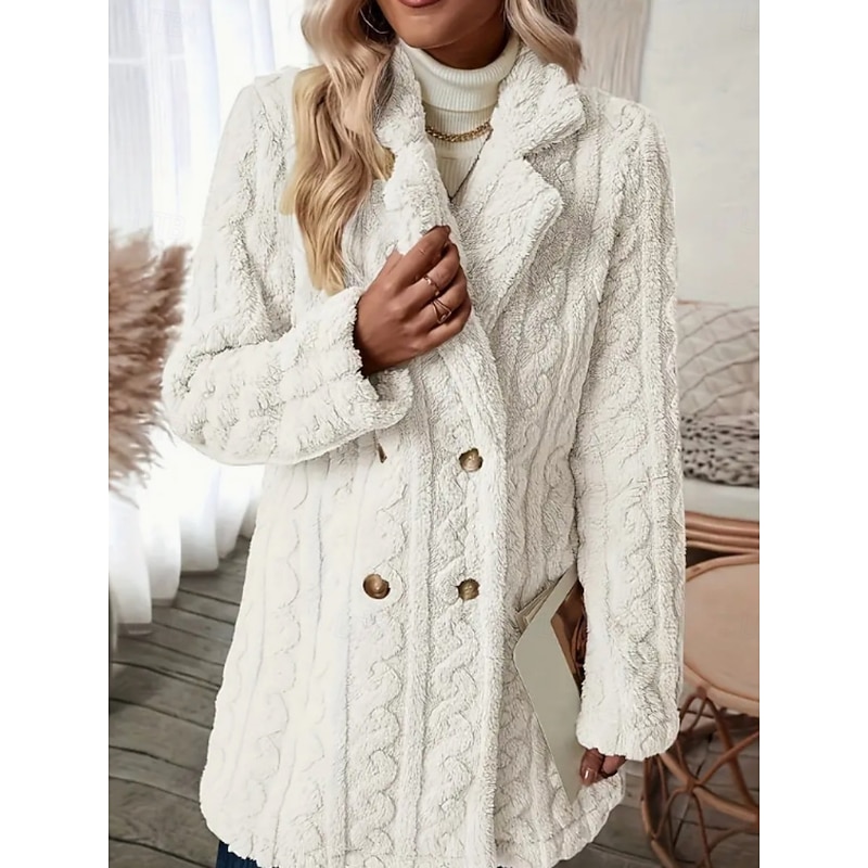 Women's Fleece Jacket Teddy Coat Warm Breathable Pocket Fleece Lined Casual Plain Vacation Street Casual Daily Wear Double Breasted Long Notch Lapel Regular Fit Long Sleeve Outerwear Black White Pink4