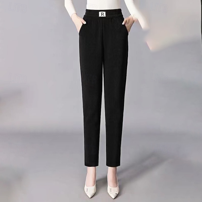 Women's Straight Casual Full Length Mid Waist Plain Pocket Elastic Waist Thermal Warm Micro-elastic Vacation Street Holiday Black Khaki Coffee Winter Regular Fit4