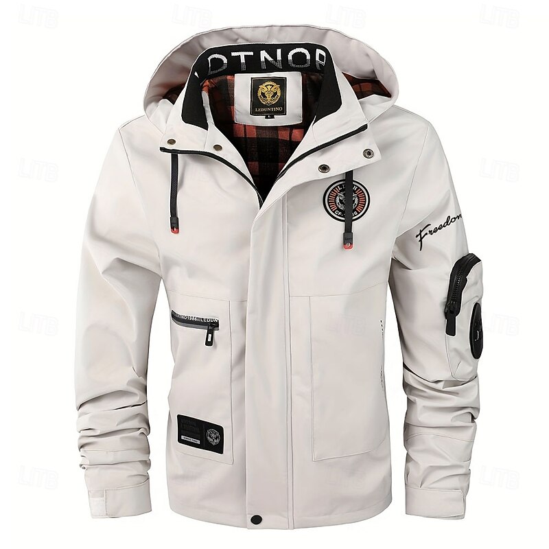 Men's Letter Printed Windbreaker Hooded Jacket Parka Waterproof Windproof Multi-Pockets Casual Outdoor Camping & Hiking Detachable Hood Full Zip Coat Outerwear Fall Winter Stand Collar Long Sleeve4