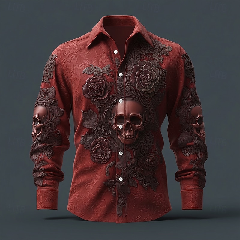 Men's Skull Floral Print Day of the Dead Shirt Button Up Shirt Long Sleeve Vintage Retro Dark Gothic Style Outdoor Holiday Spring Fall Turndown 3D Print Collared Shirts Black Red Blue Orange Brown2