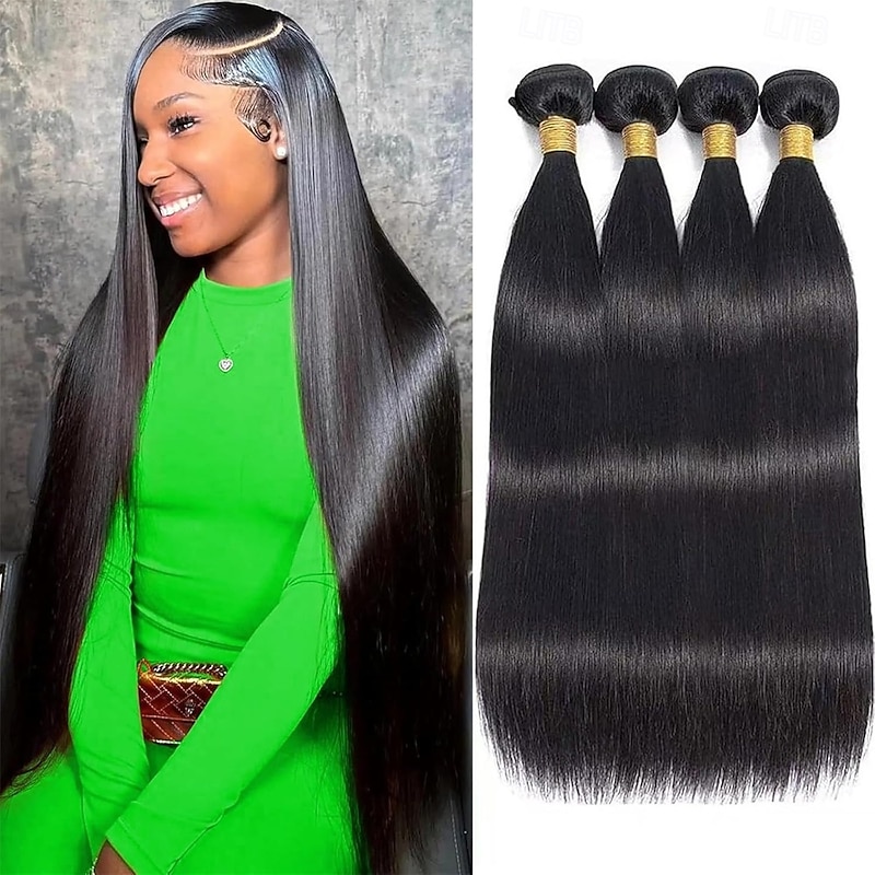 Straight Bundles Human Hair 10-30 Inches Straight 4 Bundles Brazilian Straight Human Hair Bundles 1B Color for Black Women